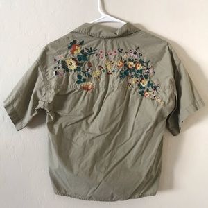Madewell khaki and floral embroidered button up